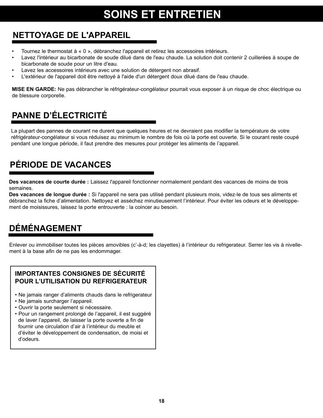 Danby DPF074B1WDB manual Soins Et Entretien, Nettoyage DE Lappareil, Panne D’ÉLECTRICITÉ, Période DE VACANCES, Déménagement 